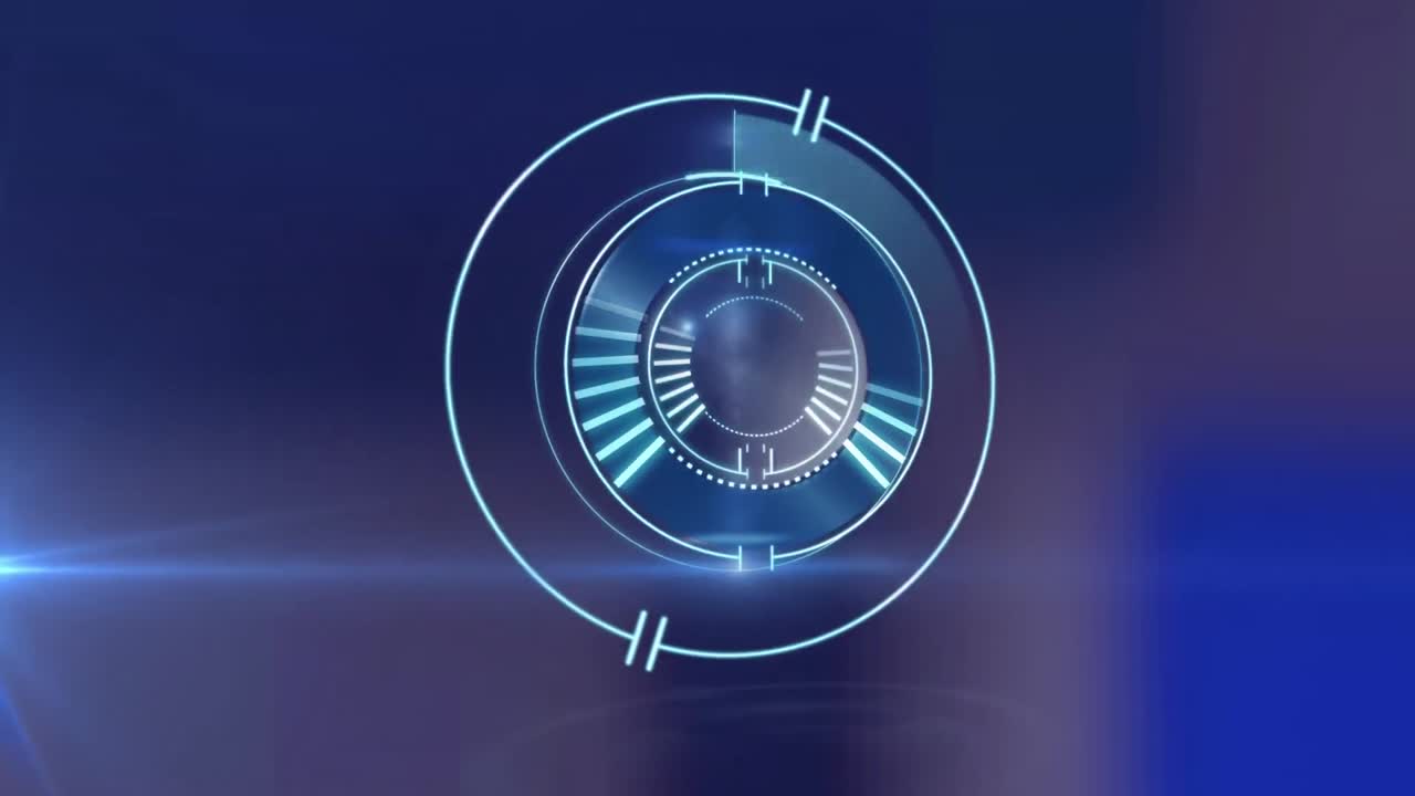 animación de un foco móvil y una cerradura de caja de seguridad circular girando sobre un fondo oscuro