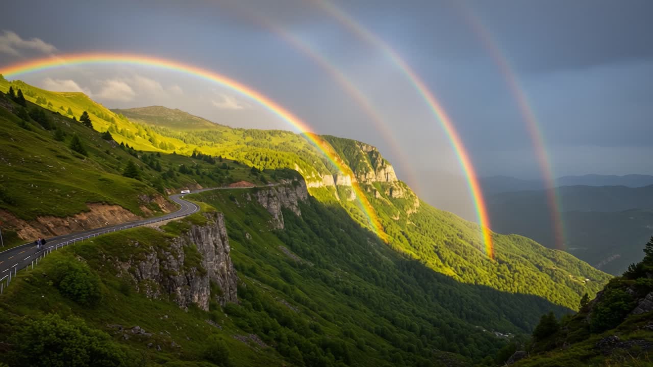 Captivating Landscape with Multiple Rainbows Arcing Over a Lush Green Valley and Winding Road, Showcasing Nature's Breathtaking Beauty and Vibrant Colors