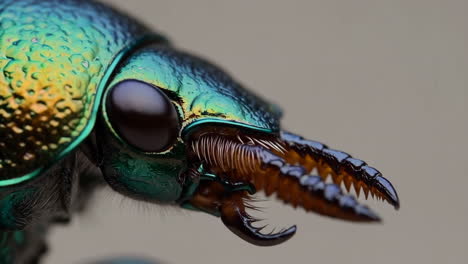 close-up macro shot of an iridescent beetle's head