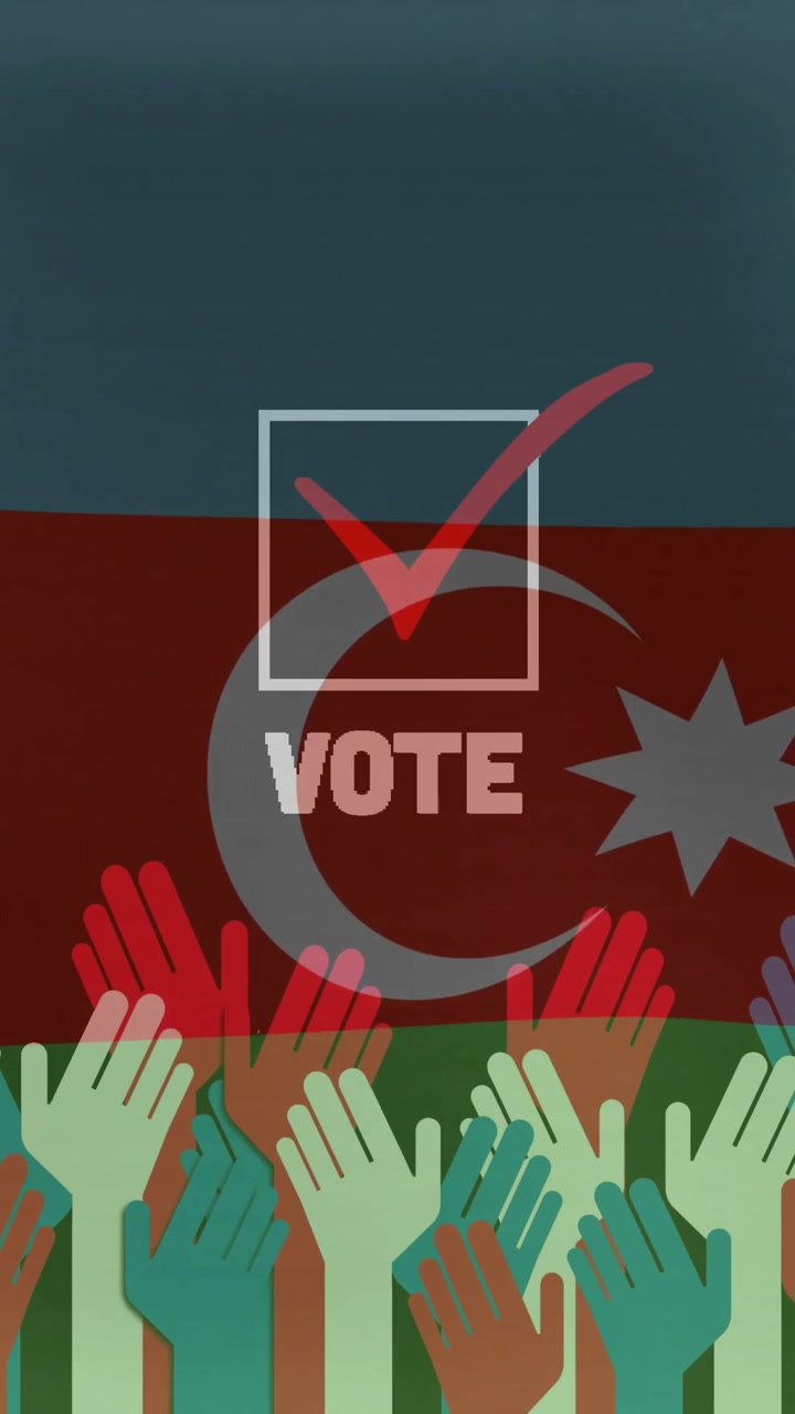 Colorful hands raised with Azerbaijan flag and VOTE text with checkmark animation