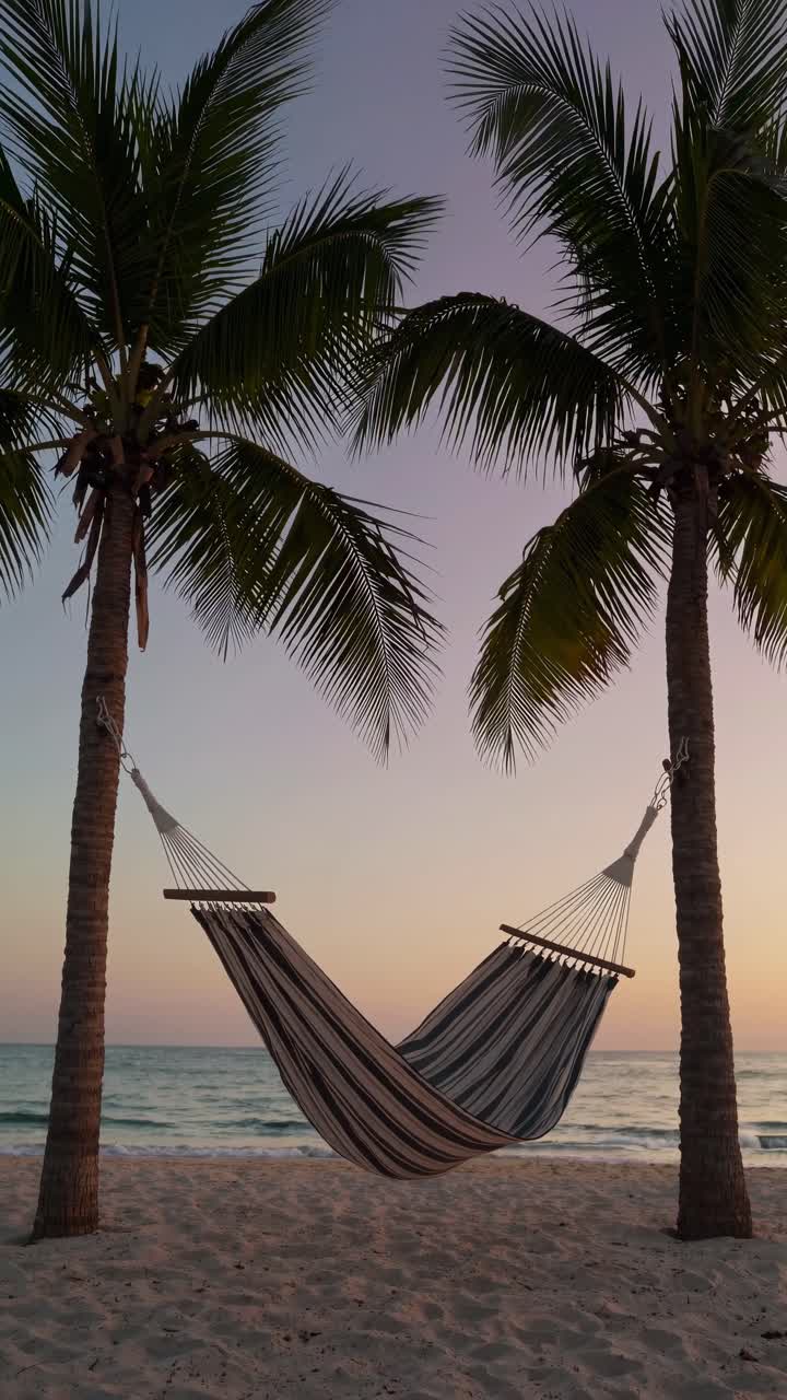 Serene beach scene with a hammock between two palm trees at sunset