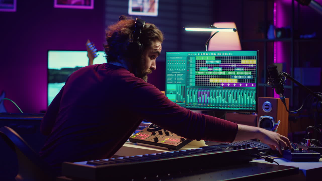 productor de música editando y mezclando pistas de audio en el software daw