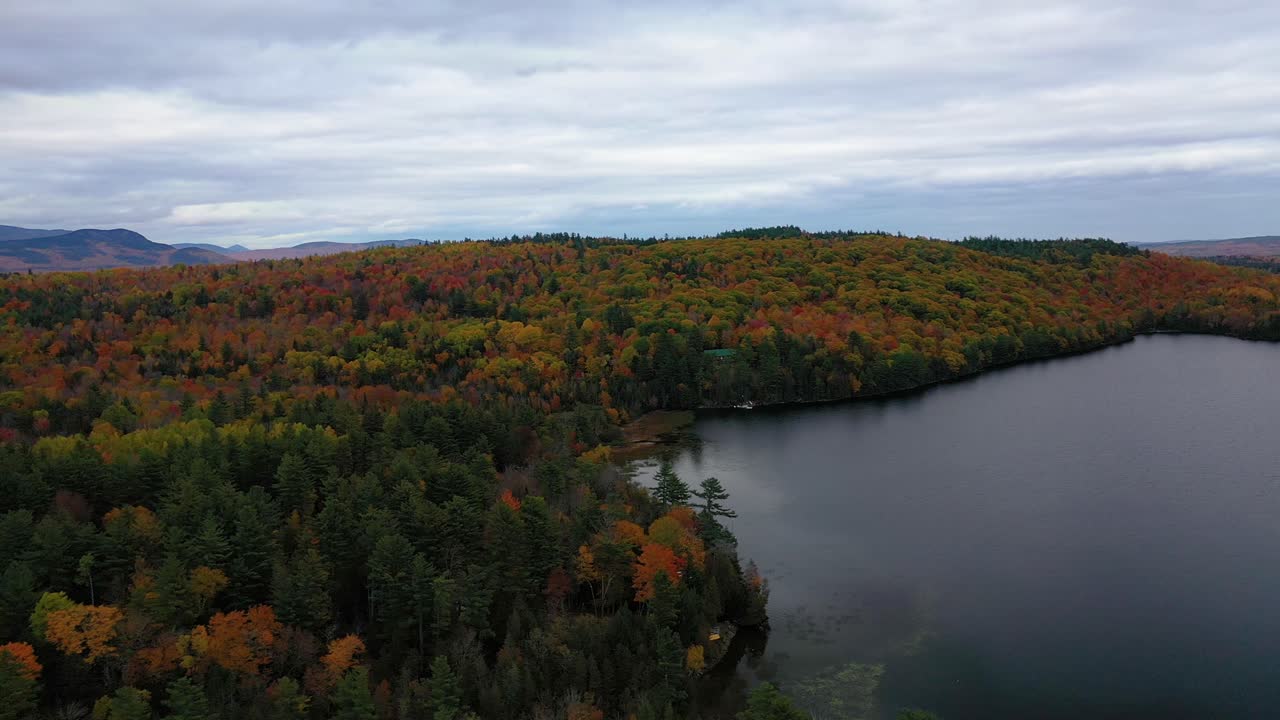 deslizamiento aéreo a la izquierda sobre la orilla del estanque en el norte de maine en otoño