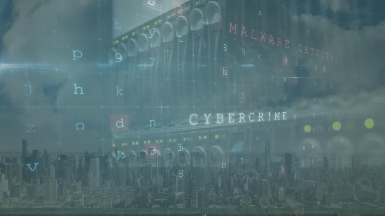 animación de la ciberseguridad y los números en el paisaje urbano
