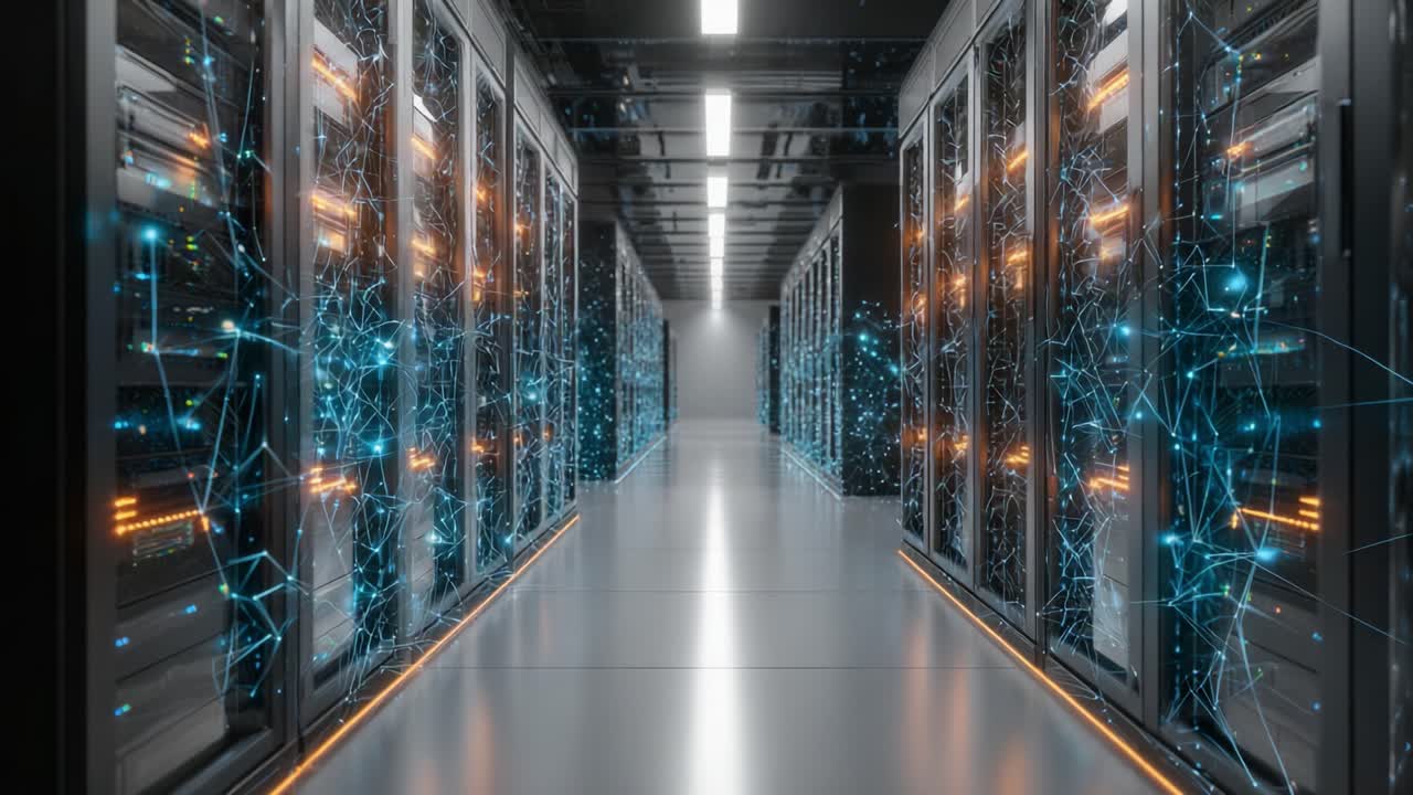 A High-Tech Data Center Corridor Showcasing Server Racks, Dynamic Lighting, and Complex Connections Symbolizing Advanced Network Infrastructure and Digital Technology Efficiency