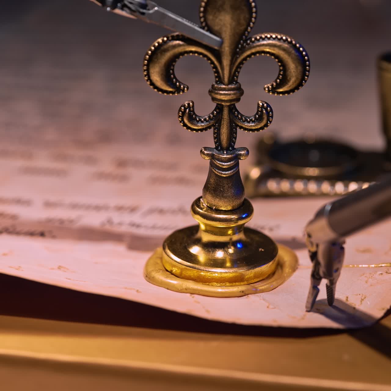 Da Vinci surgical equipment puts a seal with a metal stamp on the letter. Close up. Blurred dark background with switched on lights