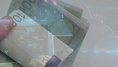 Animation-of-data,-virus-alert-and-hacker-over-hand-counting-euro-banknotes