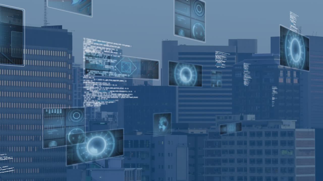 Animation of scopes scanning and data processing over cityscape