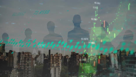 animation of financial data processing with silhouettes over cityscape