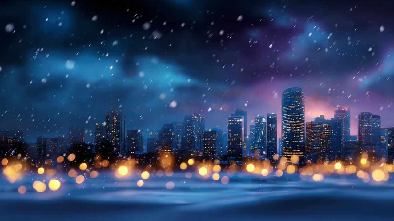 A Chilling View of a City Skyline Drenched in Snow; Twinkling Lights Sparkle Against the Dark Sky, Creating a Mystical Atmosphere of Winter Wonder and Urban Beauty as the Snow Falls Gently