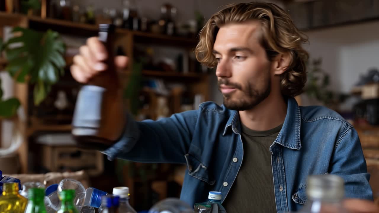 Individuo intento a smistare e preparare bottiglie di plastica riciclabili in uno spazio di lavoro sostenibile, promuovendo pratiche eco-compatibili per un futuro più verde.