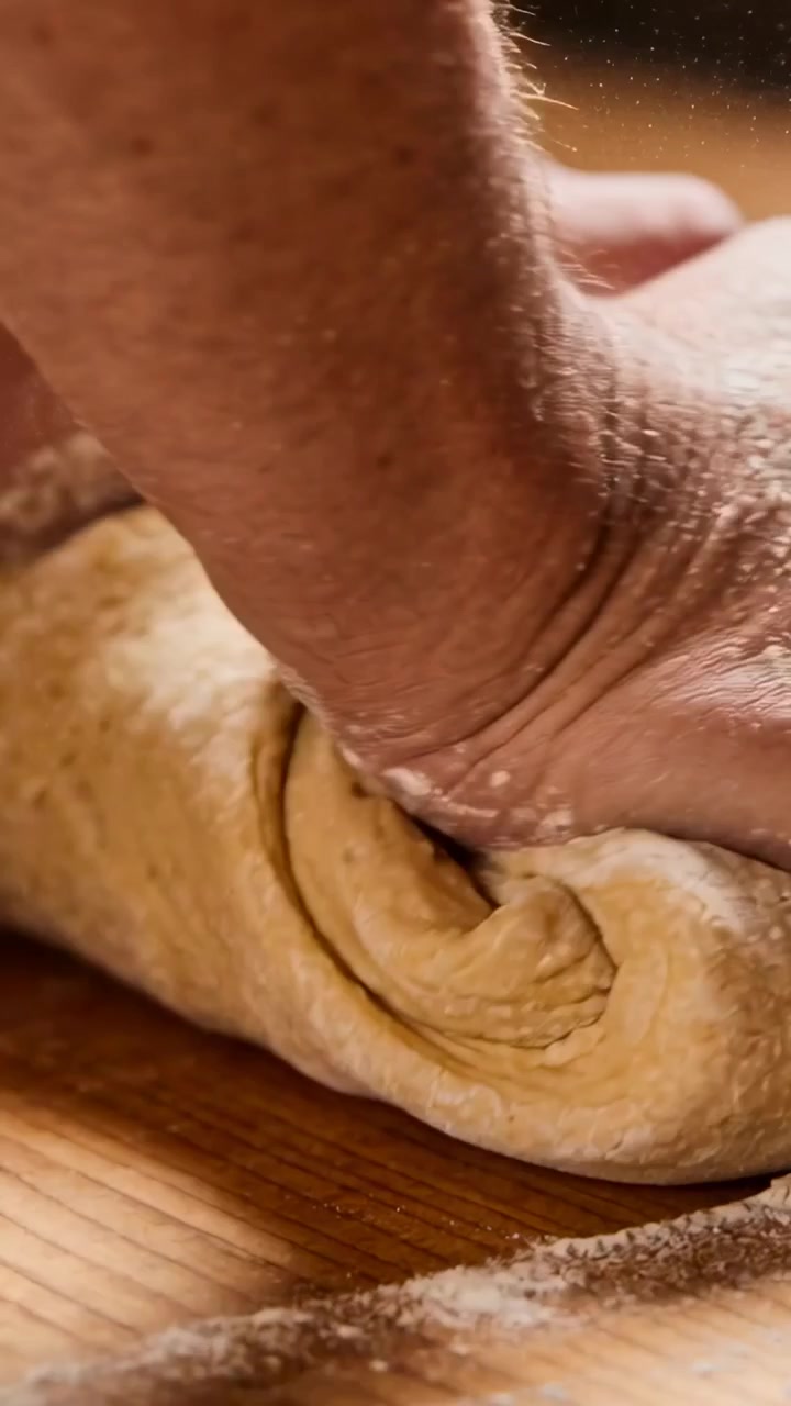 Vertical video: Pressing flour-dusted hands sealing seam and shaping rolled dough on wooden counter