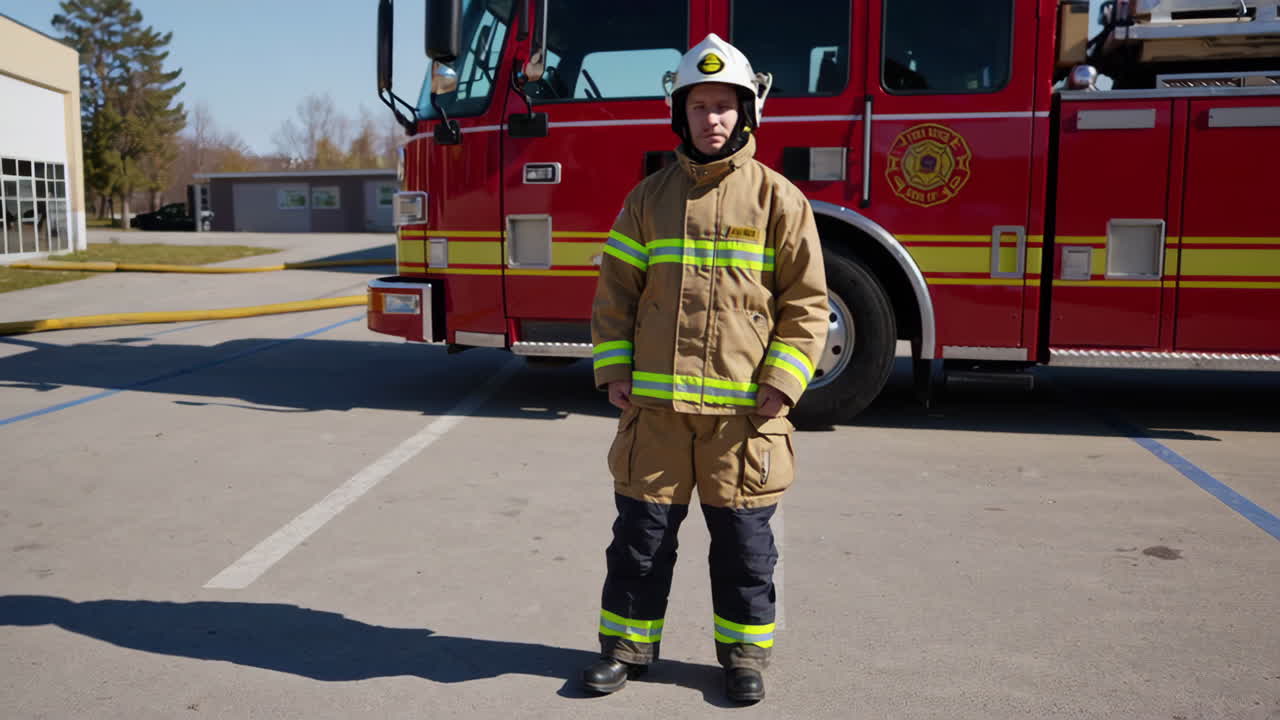 Firefighter in Front of Firetruck