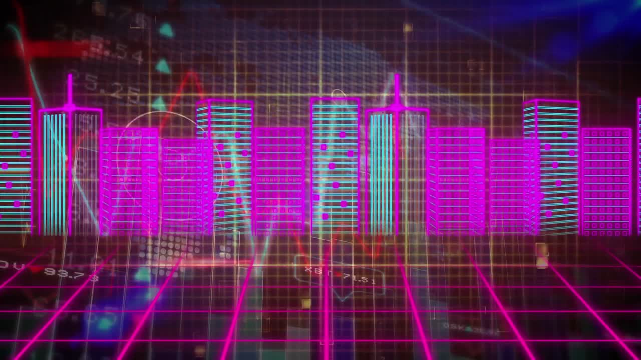 Animation of neon lines with digital city over data processing on black background