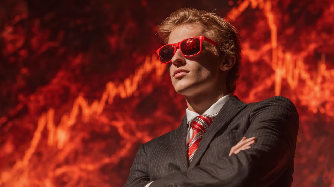 Confident Individual in Stylish Suit and Statement Sunglasses Against a Fiery Background, Exuding Charisma and Authority