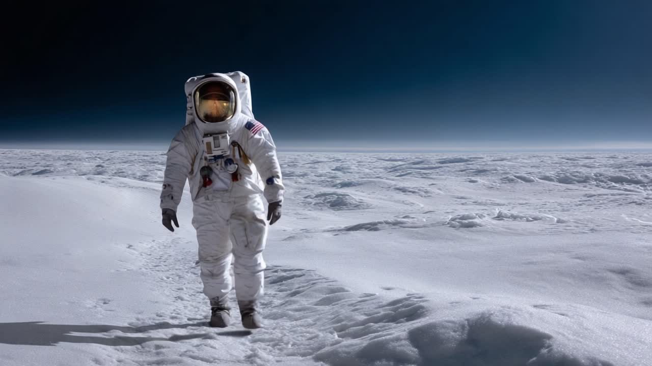 An astronaut explores the vast, icy surface of an alien landscape under a starry sky, capturing the essence of human adventure beyond our planet