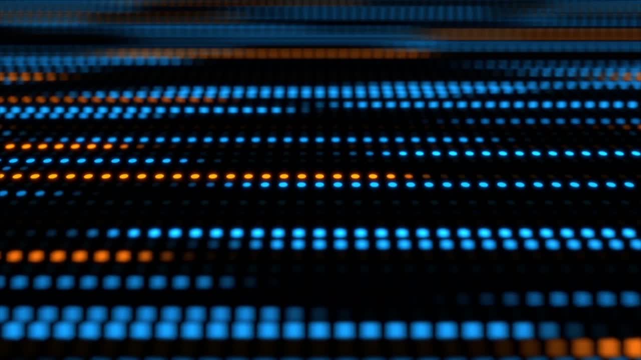 Sfondo digitale futuristico con pixel luminosi blu e arancioni