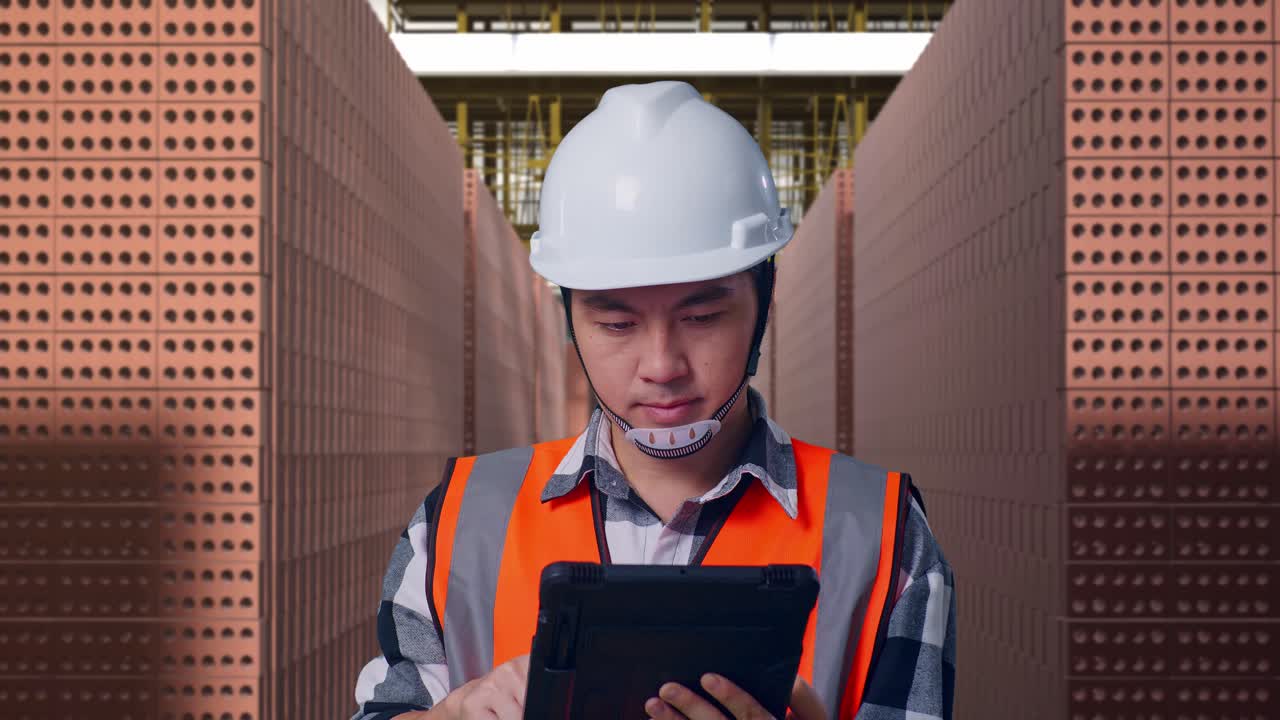 Close Up Of Asian Male Engineer With Safety Helmet Working On A Tablet While Standing With Red Brick Packed in Stacks Are Stored