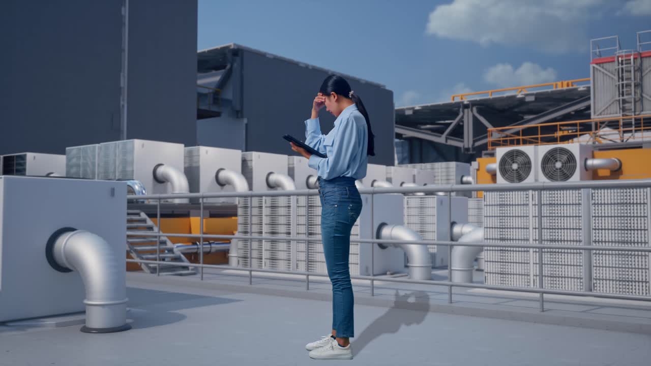 Full Body Side View Of Asian Female With Her Tablet, Worker Inspecting Rooftop HVAC Units in Industrial Building, She Is Nodding Her Shead With Dissapionted