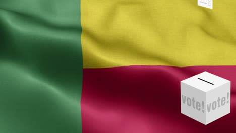 ballots fly to box for benin selection - ballot box in front of flag - election - vote - flag of benin - benin flag high detail - national flag benin wave pattern loopable elements - fabric texture and endless loop
