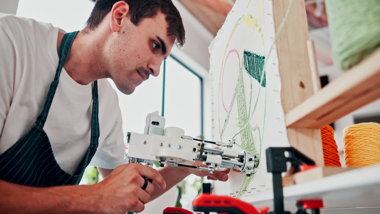 hombre usando una máquina de bordado