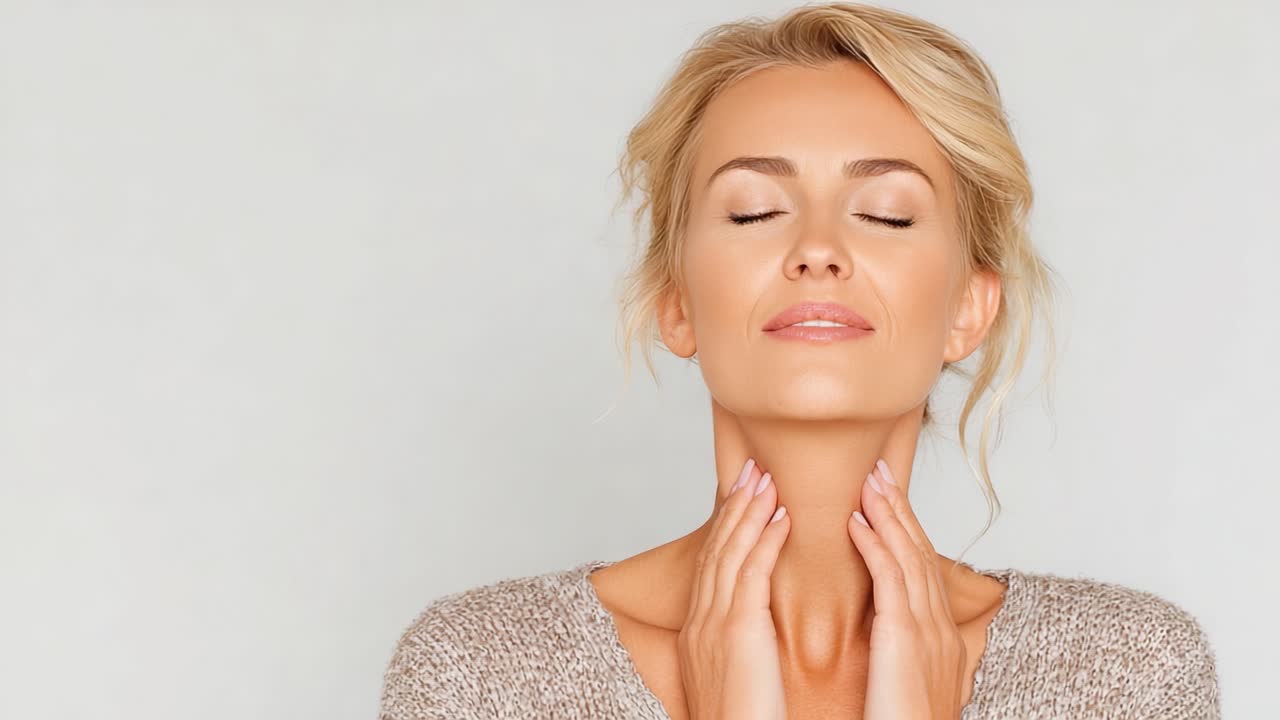 Un momento sereno di cura di sé: una giovane donna si massaggia delicatamente il collo con un'espressione calma mentre sperimenta tranquillità e relax in un ambiente discreto