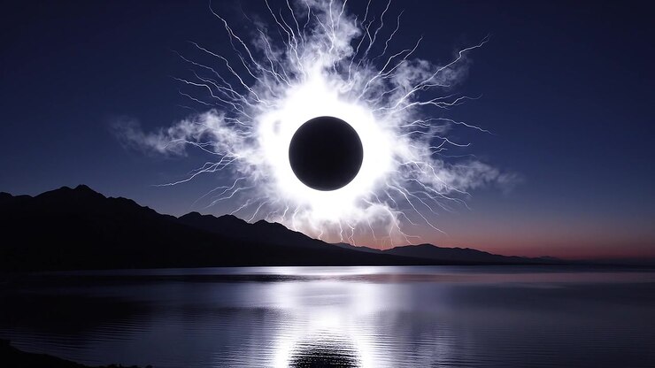 Total solar eclipse with glowing corona reflecting on calm water
