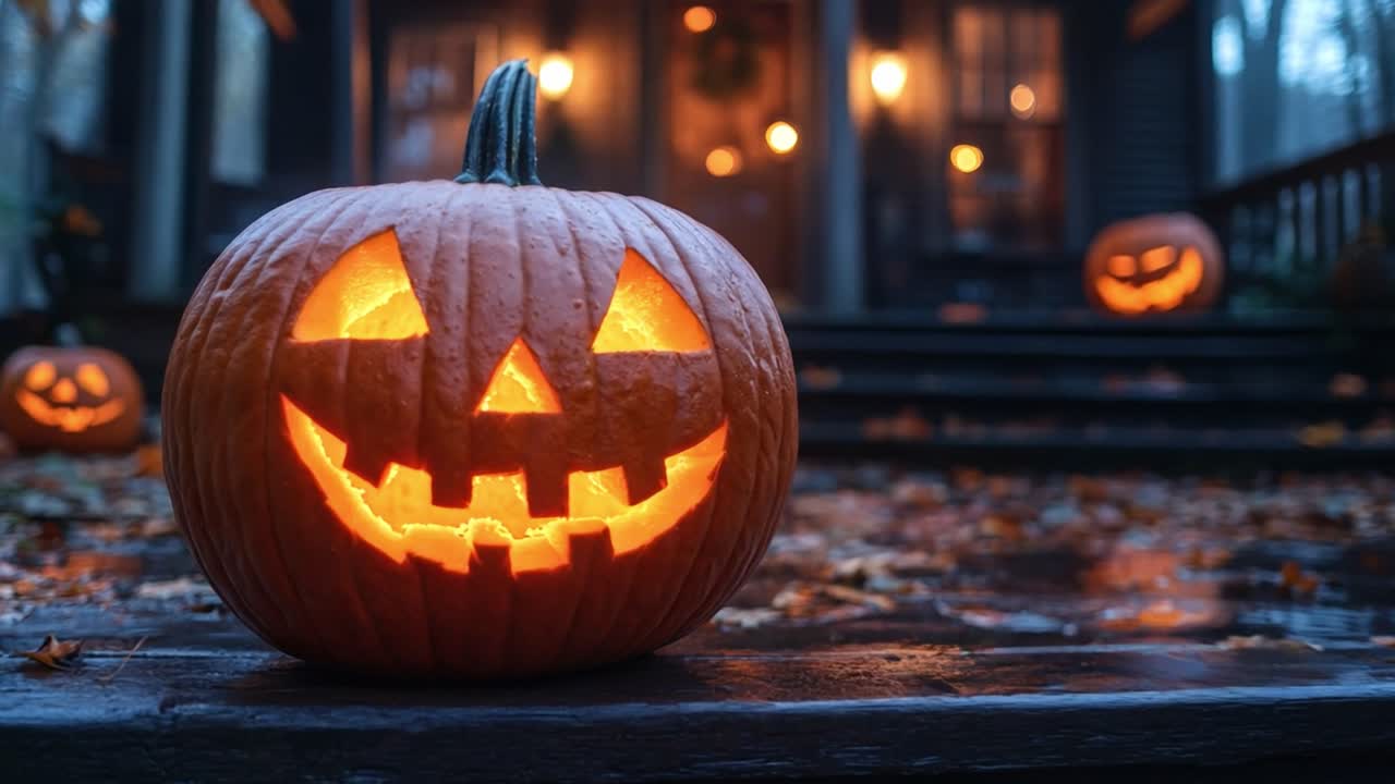 Zucche intagliate di Halloween in una notte d'autunno