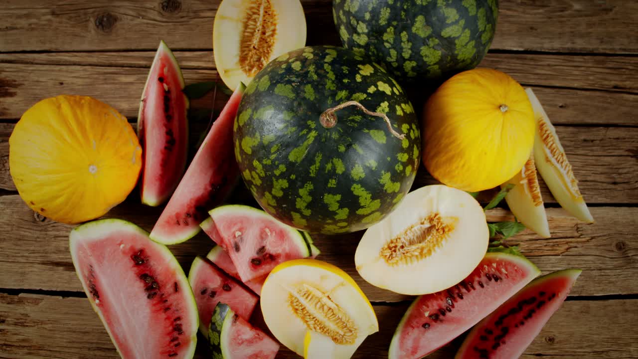 Ripe melon and watermelons slowly rotate.