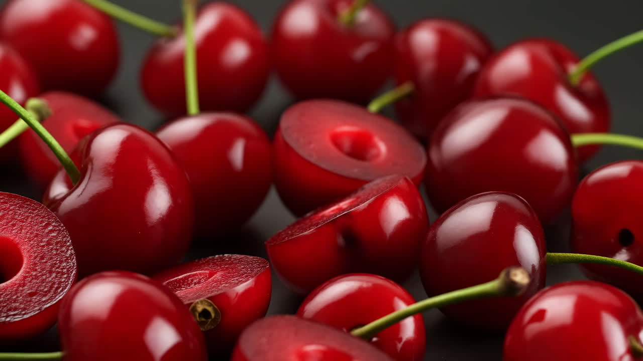 Primo piano di ciliegie rosse fresche su uno sfondo scuro
