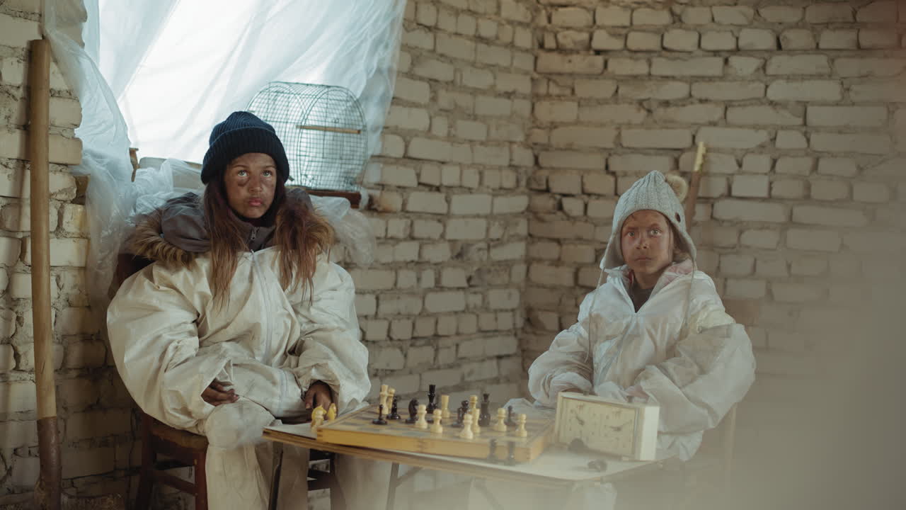 Nuclear war survivors wearing oversized winter jackets and knitted caps sit silently in cold abandoned brick shelter, faces smudged with dirt, showing confusion in bleak environment