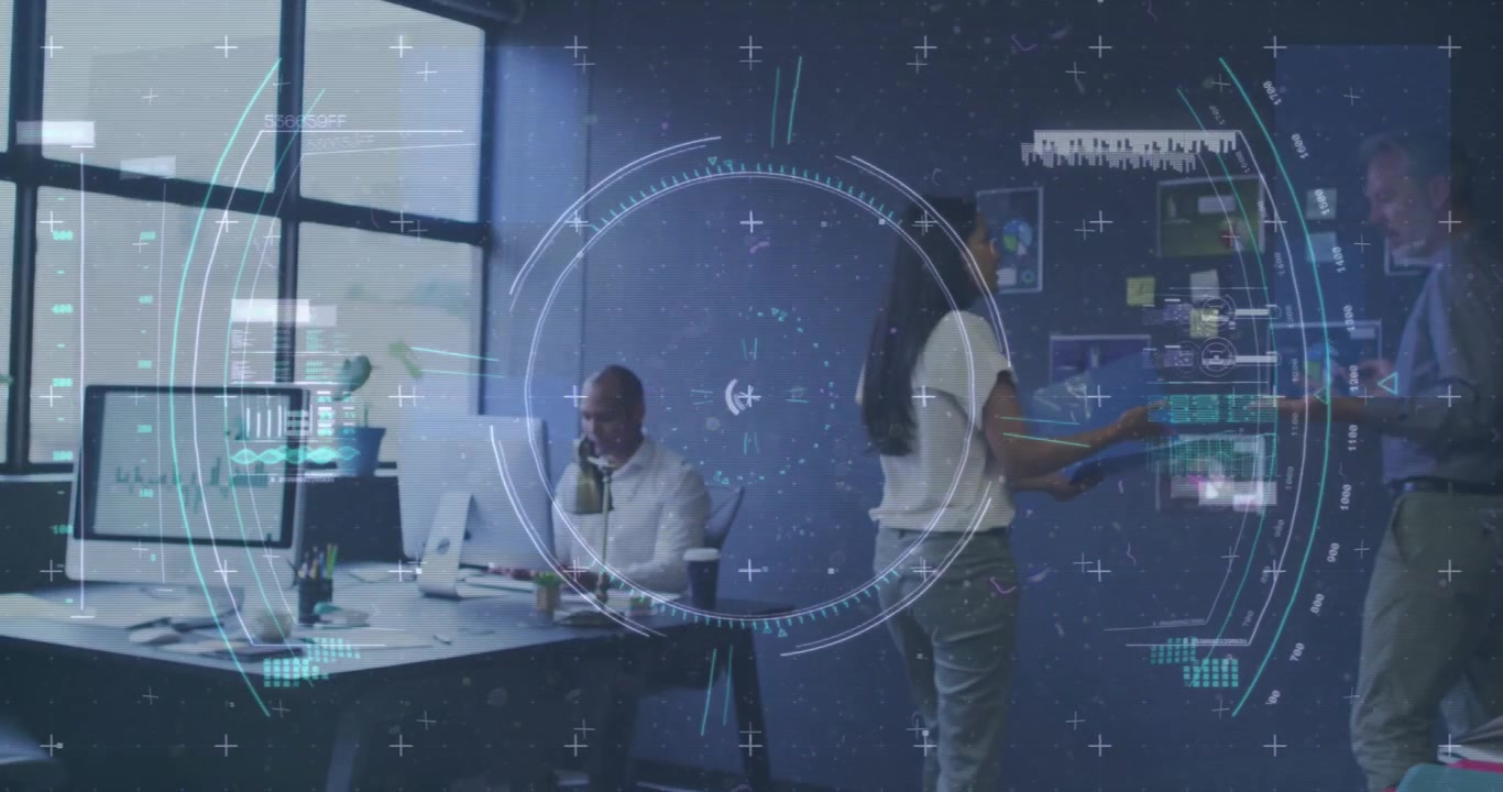 Animation of data processing and scope scanning over diverse man and woman discussing at office
