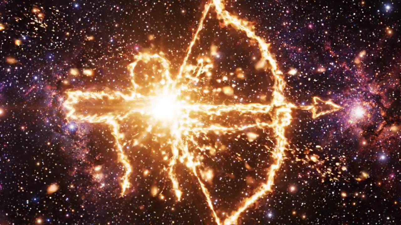Uma Visualização Cósmica Deslumbrante da Constelação de Sagitário com Rastros de Estrelas Radiantes e Nuvens de Poeira Etéreas em uma Vasta Paisagem Galáctica.