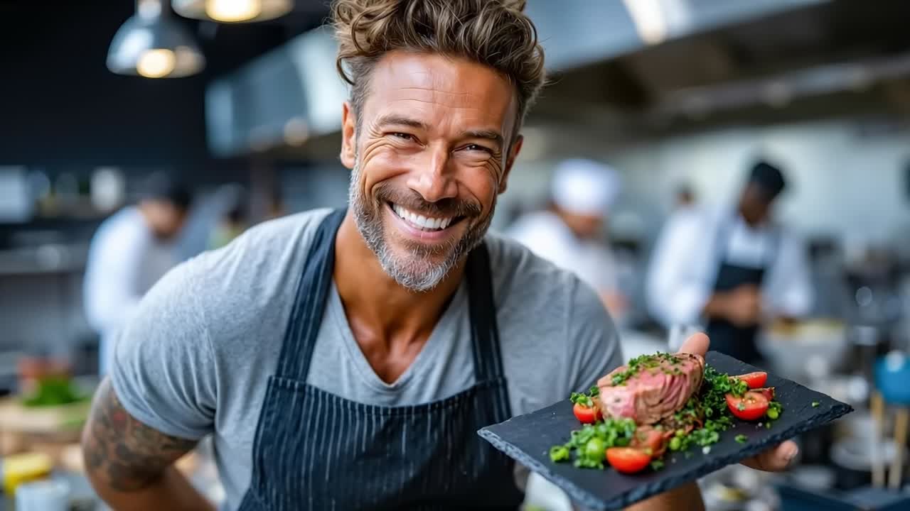 un hombre con un delantal sosteniendo un plato de comida en una cocina