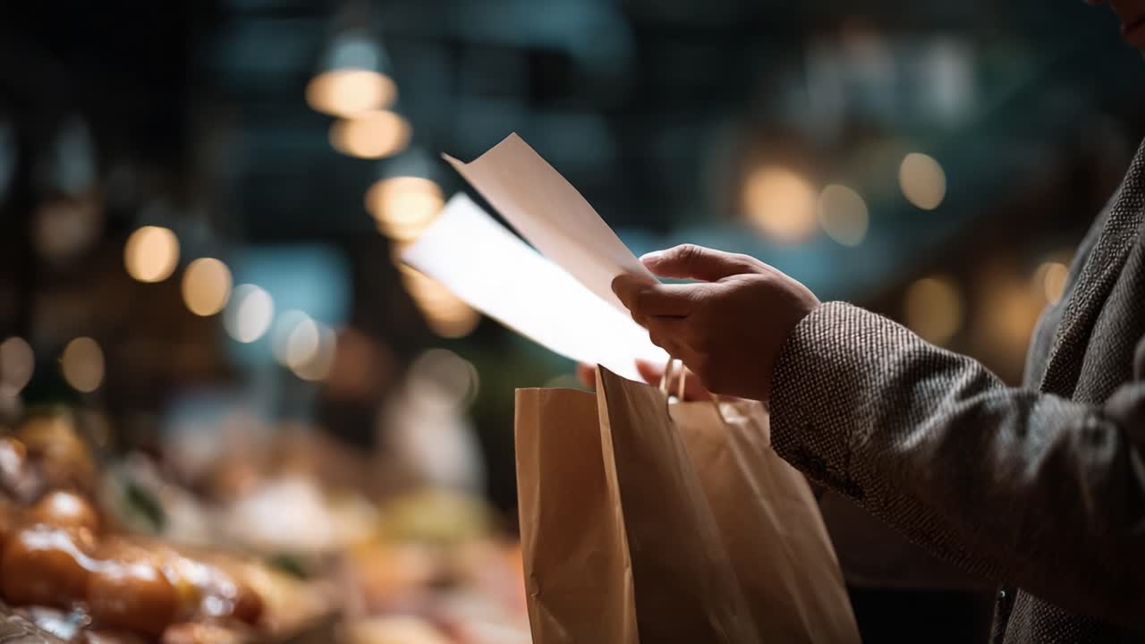 A thoughtful shopper examines a shopping list while holding paper bags in a bustling market setting, surrounded by vibrant food items illuminated by warm lights