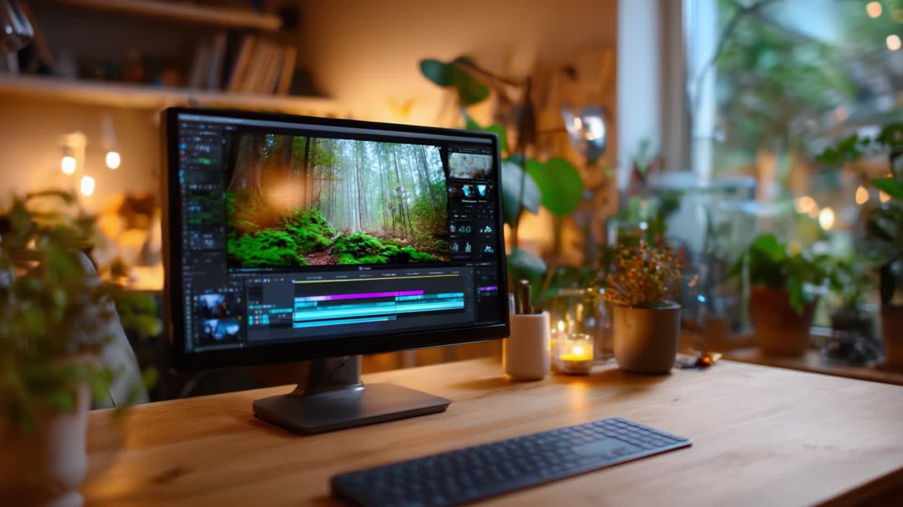 Un'area di lavoro accogliente con un computer che mostra un software di editor su una splendida scena naturalistica, circondata da piante verdi lussureggianti e una calda illuminazione ambientale