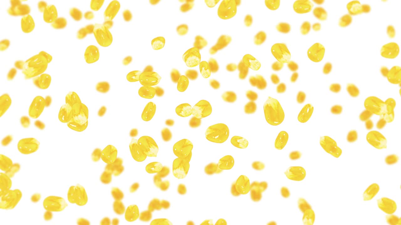 Molti chicchi di mais che volano su sfondo bianco. Semi di mais dolce gialli. Vegetariano. Cibo sano. Animazione 3D in loop di mais che ruota