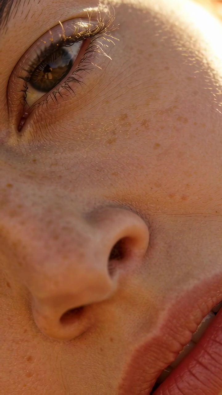 Vertical video: Blinking woman reacting to sunlight shift near window, holding phone camera