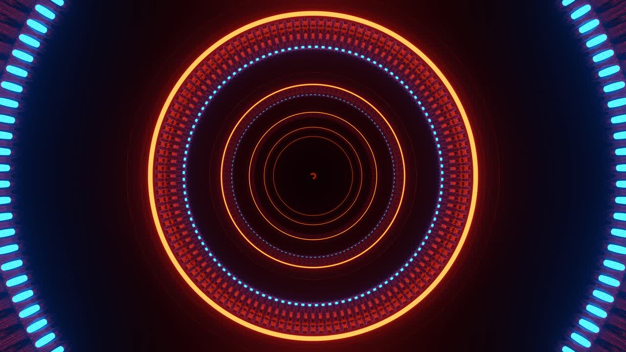 ciencia ficción con gráficos en movimiento: moviéndose dentro de círculos coloridos que se expanden en pasillos y arterias hacia una esfera naranja