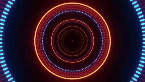 motion graphics sci fi: moving inside colorful circles expanding in passageway and artery towards orange sphere