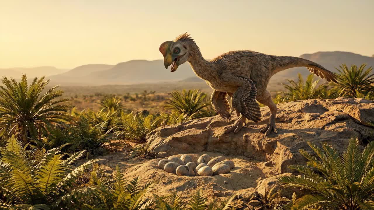 Dinosauro Troodon a guardia del suo nido di uova in un paesaggio preistorico