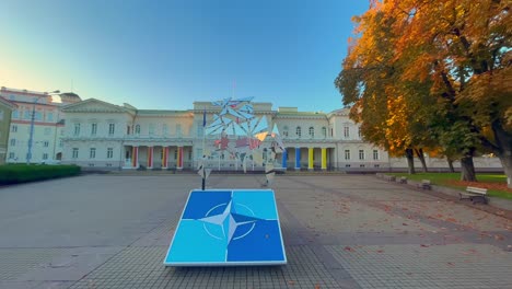 nato symbol logo in front of lithuanian presidential palace in vilnius