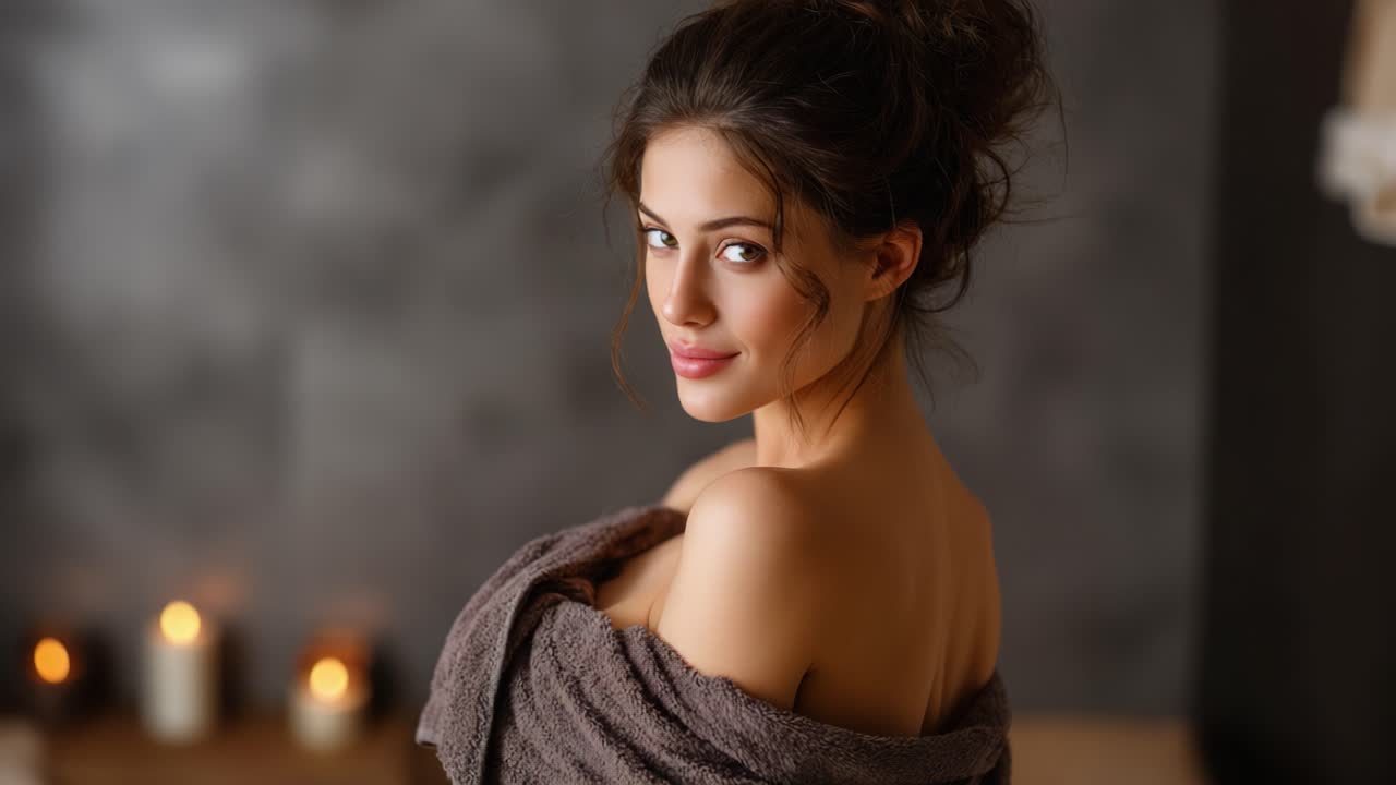 Un sereno ritratto di una giovane donna con i capelli fluenti, avvolta in un morbido asciugamano, che cattura l'essenza della bellezza, del relax e della sicurezza in un ambiente accogliente