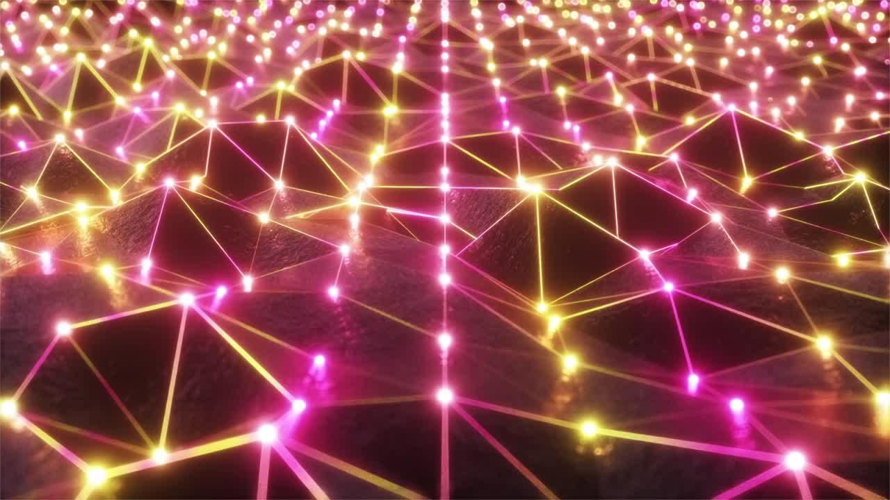 Flying over the landscape of a relief area in a retro futuristic style with a neon grid and luminous spheres. Modern ultraviolet light. Seamless loop 4k animation