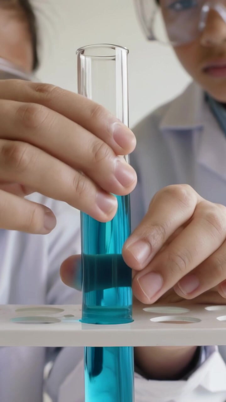 Vertical video: Sliding rubber ring, two students in labcoats lowering tube into rack, making drop