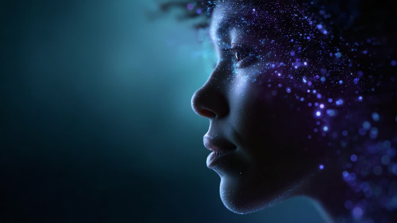 A mesmerizing journey into the cosmos as a woman's profile reveals a stunning display of galaxies and stars, embodying the connection between humanity and the universe