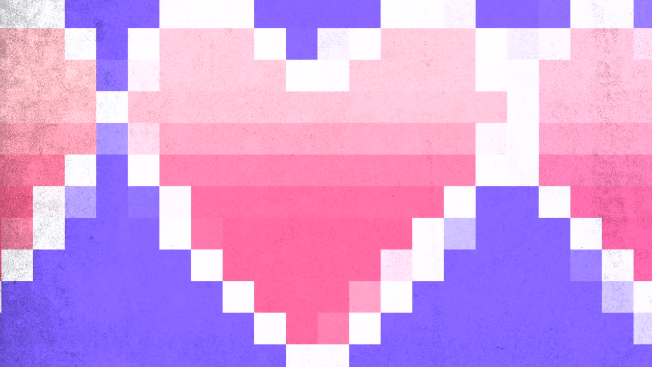 Diagonal pixel hearts pink and blue pixel art on blue background