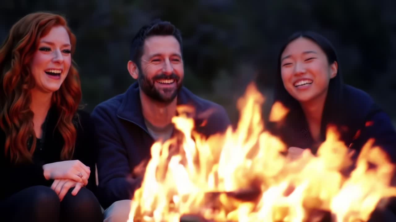 Friends Enjoying a Cozy Campfire Night Under the Stars in a Serene Outdoor Setting