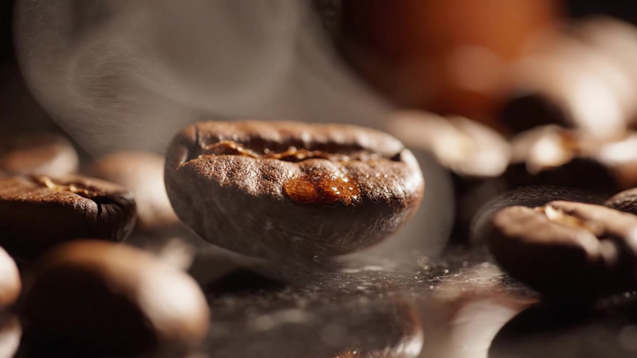 Nærbillede af rige, aromatiske kaffebønner på en mørk overflade, der fanger teksturen, glansen og dampen, som stiger op fra friskristede kaffebønner.