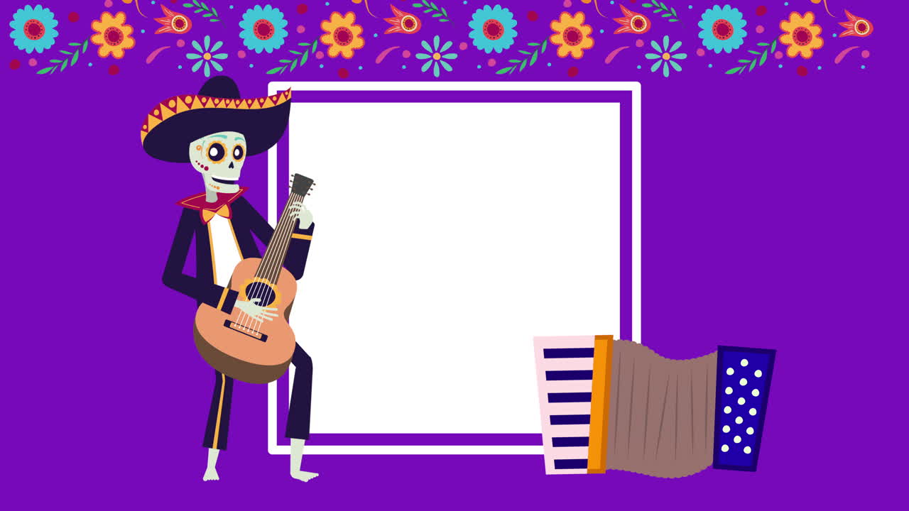 viva méxico animación con cráneo mariachi tocando la guitarra